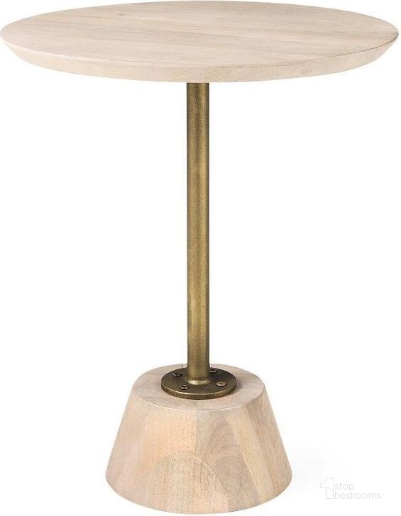 The appearance of Maxwell 20 Inch Round Light Brown Wood With Gold Metal Pedestal Side Table designed by Mercana in the modern / contemporary interior design. This brown and gold piece of furniture  was selected by 1StopBedrooms from Maxwell Collection to add a touch of cosiness and style into your home. Sku: 69205. Material: Wood. Product Type: Side Table. Image1