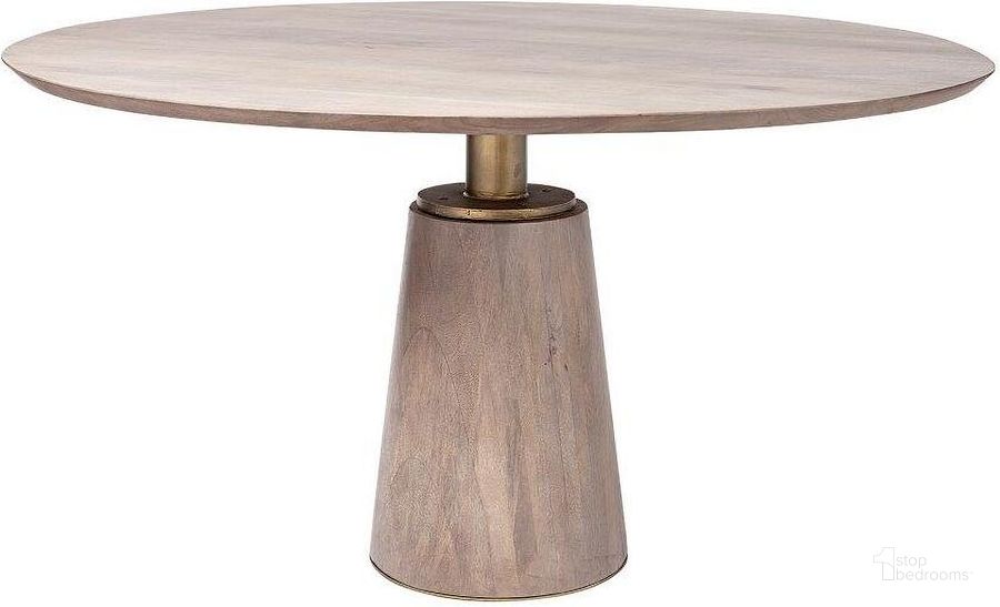 The appearance of Maxwell Ii 54 Inch Round Brown Solid Wood Top Brown Wood And Gold Metal Base Dining Table designed by Mercana in the modern / contemporary interior design. This light brown piece of furniture  was selected by 1StopBedrooms from Maxwell Collection to add a touch of cosiness and style into your home. Sku: 69032-AB. Table Base Style: Pedestal. Table Top Shape: Round. Material: Wood. Product Type: Dining Table. Image1