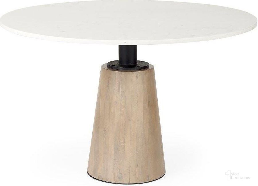 The appearance of Maxwell White Marble Round Top With Black Metal And Wood Pedestal Base Dining Table designed by Mercana in the modern / contemporary interior design. This white and brown piece of furniture  was selected by 1StopBedrooms from Maxwell Collection to add a touch of cosiness and style into your home. Sku: 69366-AB. Table Base Style: Pedestal. Table Top Shape: Round. Material: Wood. Product Type: Dining Table. Image1