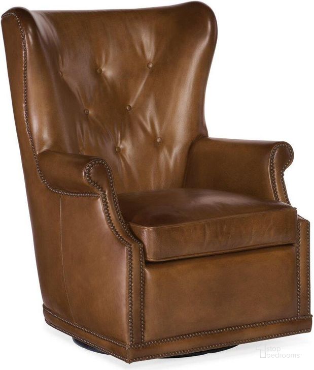 The appearance of Maya Brown Wing Swivel Club Chair Cc513-Sw-083 designed by Hooker in the traditional interior design. This brown piece of furniture  was selected by 1StopBedrooms from Maya Collection to add a touch of cosiness and style into your home. Sku: CC513-SW-083. Material: Leather. Product Type: Swivel Chair. Image1
