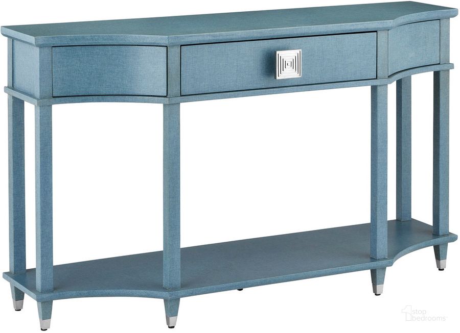 The appearance of Maya Console Table In Blue designed by Currey & Company in the modern / contemporary interior design. This blue piece of furniture  was selected by 1StopBedrooms from Maya Collection to add a touch of cosiness and style into your home. Sku: 3000-0283. Product Type: Console Table. Material: Stainless Steel. Image1
