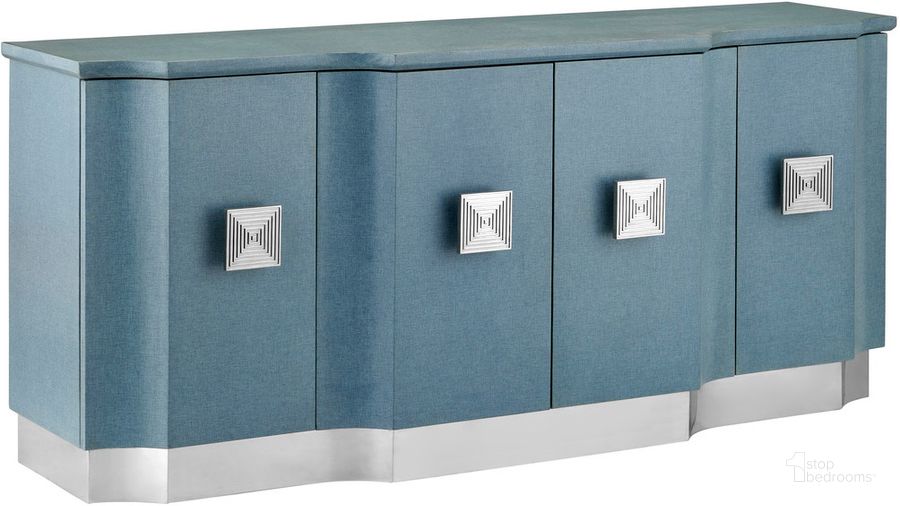 The appearance of Maya Credenza In Blue designed by Currey & Company in the modern / contemporary interior design. This blue piece of furniture  was selected by 1StopBedrooms from Maya Collection to add a touch of cosiness and style into your home. Sku: 3000-0281. Product Type: Credenza. Material: Stainless Steel. Image1