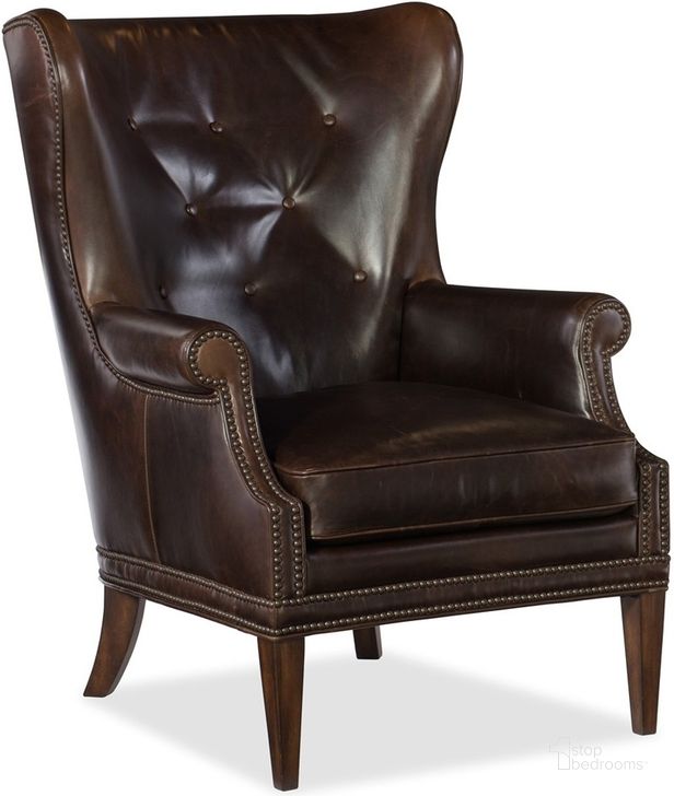 The appearance of Maya Dark Brown Wing Club Chair designed by Hooker in the traditional interior design. This brown piece of furniture  was selected by 1StopBedrooms from Maya Collection to add a touch of cosiness and style into your home. Sku: CC513-089. Material: Leather. Product Type: Living Room Chair. Image1