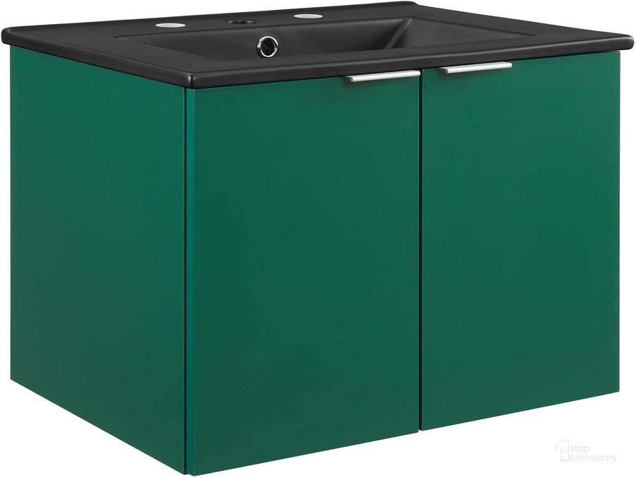 The appearance of Maybelle 24 Inch Wall-Mount Bathroom Vanity EEI-5370-GRN-BLK designed by Modway in the modern / contemporary interior design. This green black piece of furniture  was selected by 1StopBedrooms from Maybelle Collection to add a touch of cosiness and style into your home. Sku: EEI-5370-GRN-BLK. Material: Wood. Product Type: Bathroom Vanity. Image1