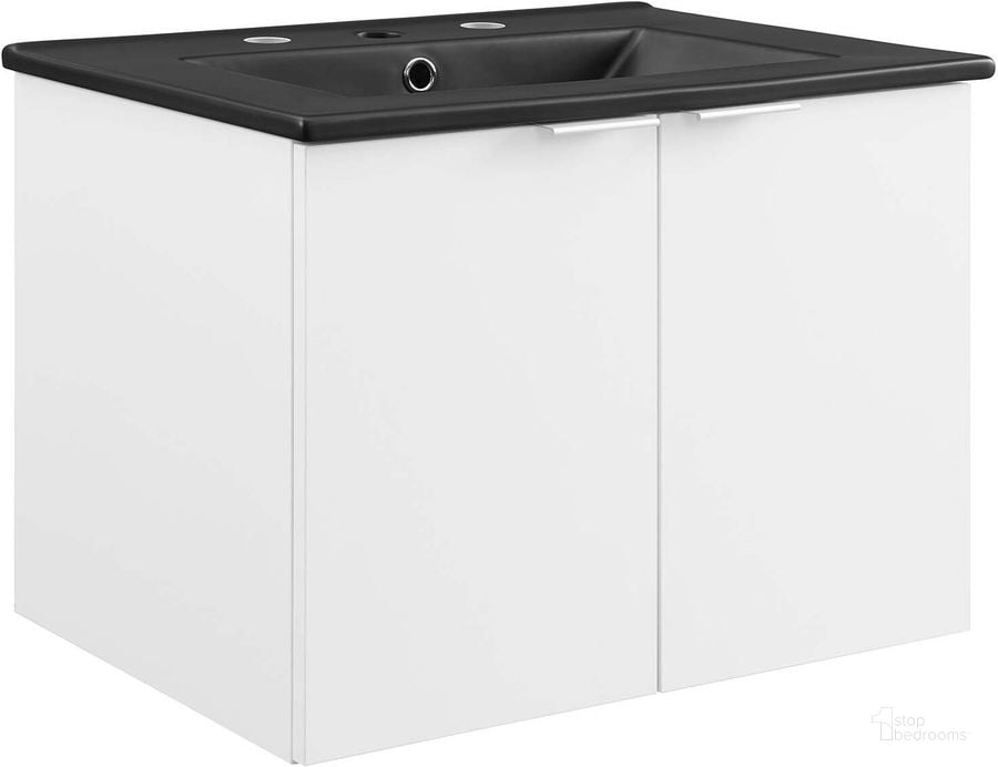 The appearance of Maybelle 24 Inch Wall-Mount Bathroom Vanity EEI-5370-WHI-BLK designed by Modway in the modern / contemporary interior design. This white black piece of furniture  was selected by 1StopBedrooms from Maybelle Collection to add a touch of cosiness and style into your home. Sku: EEI-5370-WHI-BLK. Material: Wood. Product Type: Bathroom Vanity. Image1