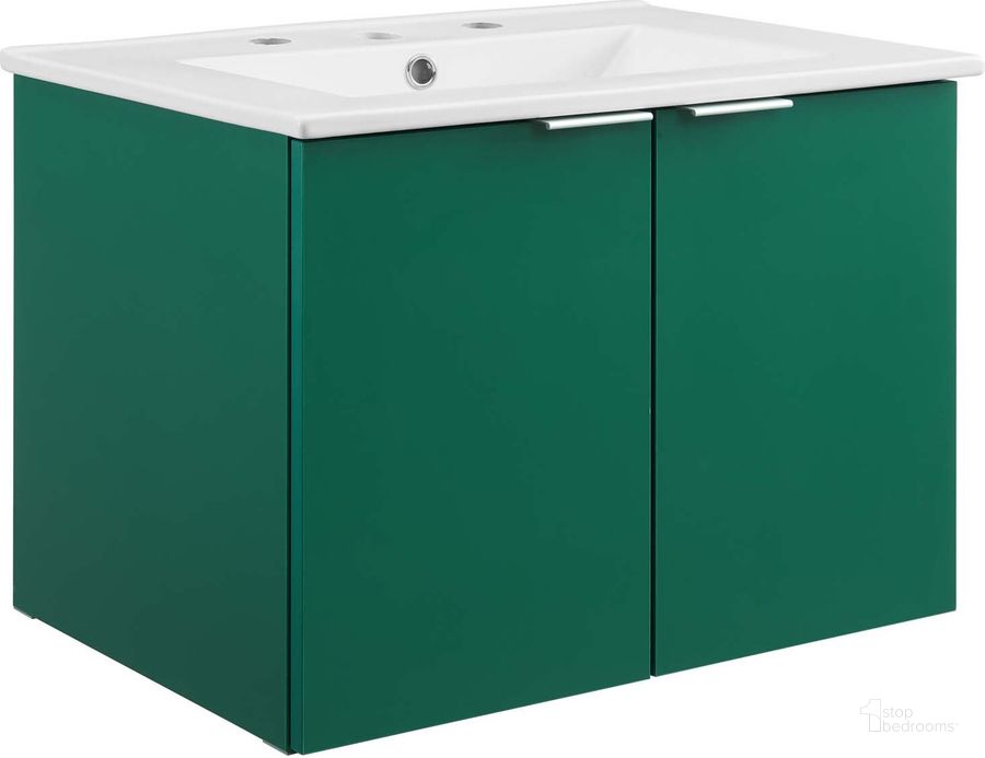 The appearance of Maybelle 24 Inch Wall-Mount Bathroom Vanity In Green and White designed by Modway in the modern / contemporary interior design. This green and white piece of furniture  was selected by 1StopBedrooms from Maybelle Collection to add a touch of cosiness and style into your home. Sku: EEI-5379-GRN-WHI. Material: Ceramic. Product Type: Bathroom Vanity. Image1