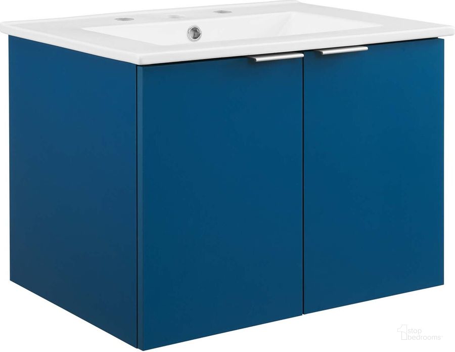 The appearance of Maybelle 24 Inch Wall-Mount Bathroom Vanity In White and Navy designed by Modway in the modern / contemporary interior design. This white and navy piece of furniture  was selected by 1StopBedrooms from Maybelle Collection to add a touch of cosiness and style into your home. Sku: EEI-5379-NAV-WHI. Material: Ceramic. Product Type: Bathroom Vanity. Image1