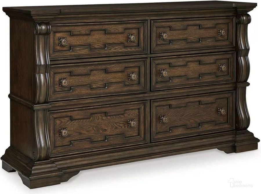 The appearance of Maylee Dresser In Dark Brown designed by Signature Design by Ashley in the traditional interior design. This dark brown piece of furniture  was selected by 1StopBedrooms from Maylee Collection to add a touch of cosiness and style into your home. Sku: B947-31. Material: Wood. Product Type: Dresser. Image1