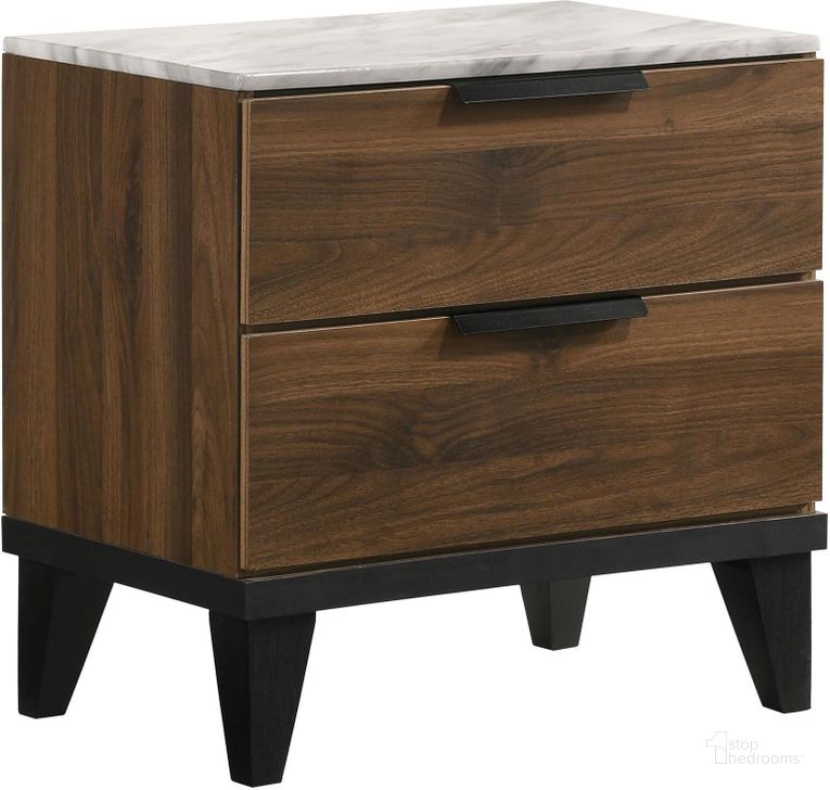 The appearance of Mays 2-Drawer Nightstand Walnut Brown With Faux Marble Top designed by Coaster in the modern / contemporary interior design. This walnut brown piece of furniture  was selected by 1StopBedrooms from May Collection to add a touch of cosiness and style into your home. Sku: 215962. Product Type: Nightstand. Material: MDF. Image1