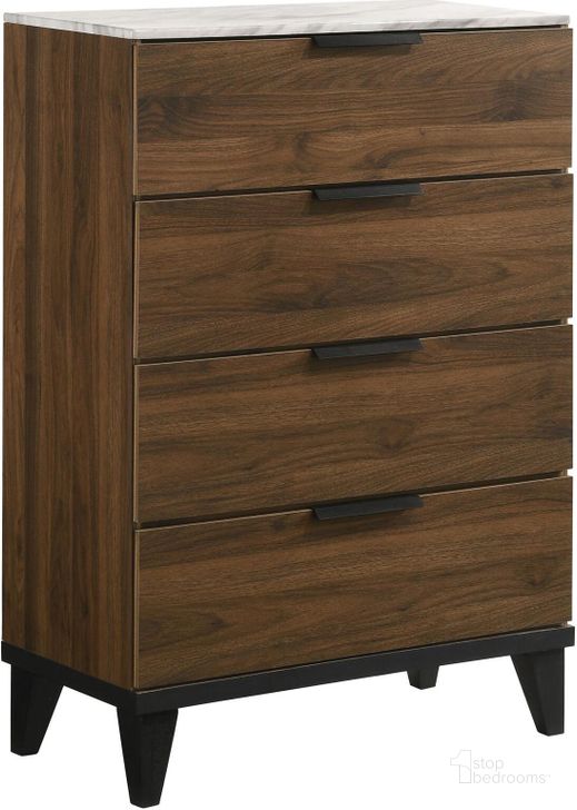 The appearance of Mays 4-Drawer Chest Walnut Brown With Faux Marble Top designed by Coaster in the modern / contemporary interior design. This walnut brown piece of furniture  was selected by 1StopBedrooms from May Collection to add a touch of cosiness and style into your home. Sku: 215965. Product Type: Chest. Material: MDF. Image1