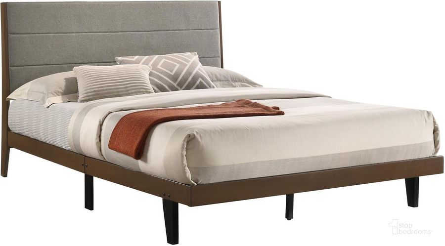 The appearance of Mays Upholstered Eastern King Platform Bed Walnut Brown and Grey designed by Coaster in the modern / contemporary interior design. This grey piece of furniture  was selected by 1StopBedrooms from May Collection to add a touch of cosiness and style into your home. Sku: 215961KE. Bed Type: Platform Bed. Product Type: Platform Bed. Bed Size: King. Material: MDF. Image1
