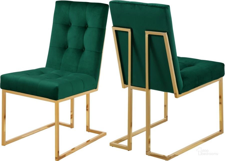 The appearance of Maysam Dining Chair Set of 2 designed by Furnique in the modern / contemporary interior design. This green velvet piece of furniture  was selected by 1StopBedrooms from Maysam Collection to add a touch of cosiness and style into your home. Sku: 714Green-C. Product Type: Dining Chair. Image1