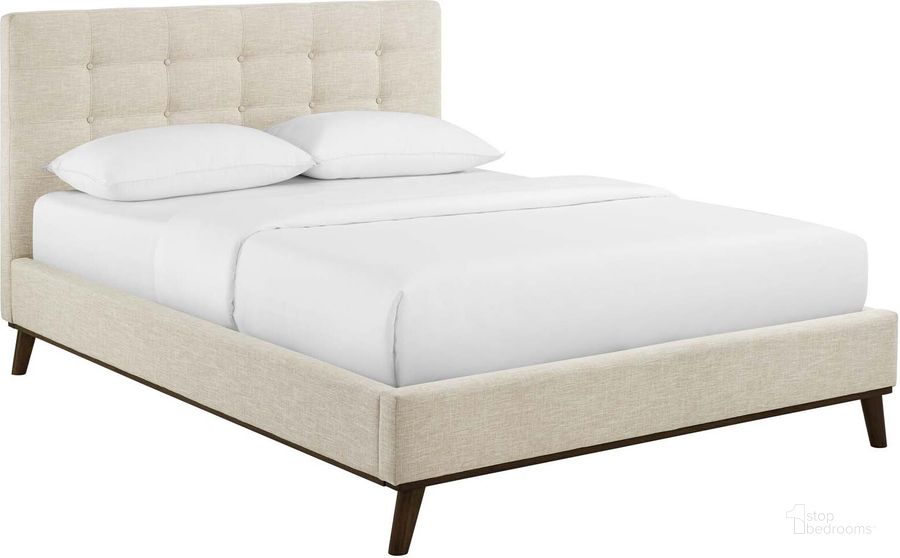The appearance of Mckenzie Queen Biscuit Tufted Upholstered Fabric Platform Bed In Beige designed by Modway in the modern / contemporary interior design. This beige piece of furniture  was selected by 1StopBedrooms from Mckenzie Collection to add a touch of cosiness and style into your home. Sku: MOD-6005-BEI. Bed Type: Platform Bed. Product Type: Platform Bed. Bed Size: Queen. Material: MDF. Image1