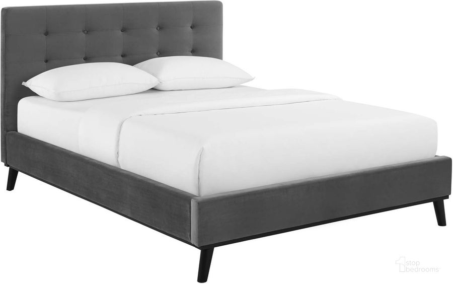 The appearance of Mckenzie Queen Biscuit Tufted Performance Velvet Platform Bed In Gray designed by Modway in the modern / contemporary interior design. This gray piece of furniture  was selected by 1StopBedrooms from Mckenzie Collection to add a touch of cosiness and style into your home. Sku: MOD-6006-GRY. Bed Type: Platform Bed. Product Type: Platform Bed. Bed Size: Queen. Material: MDF. Image1