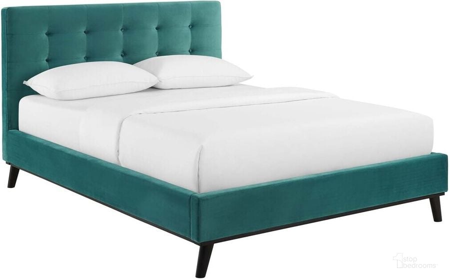 The appearance of Mckenzie Queen Biscuit Tufted Performance Velvet Platform Bed In Teal designed by Modway in the modern / contemporary interior design. This teal piece of furniture  was selected by 1StopBedrooms from Mckenzie Collection to add a touch of cosiness and style into your home. Sku: MOD-6006-TEA. Bed Type: Platform Bed. Product Type: Platform Bed. Bed Size: Queen. Material: MDF. Image1