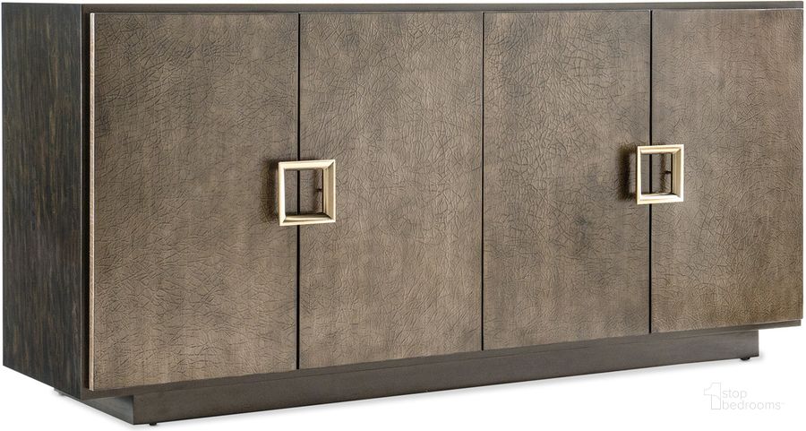 The appearance of Melange Asher Four Door Entertainment Credenza In Medium Brown designed by Hooker in the transitional interior design. This medium brown piece of furniture  was selected by 1StopBedrooms from Melange Collection to add a touch of cosiness and style into your home. Sku: 628-55055-89. Material: Wood. Product Type: Credenza. Image1