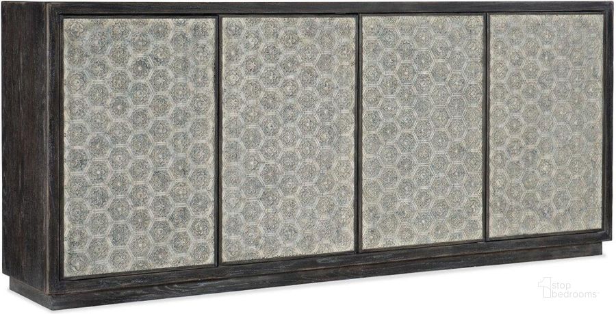The appearance of Melange Greystone Four-Door Credenza designed by Hooker in the traditional interior design. This gray piece of furniture  was selected by 1StopBedrooms from Melange Collection to add a touch of cosiness and style into your home. Sku: 638-85514-00. Material: Wood. Product Type: Credenza. Image1