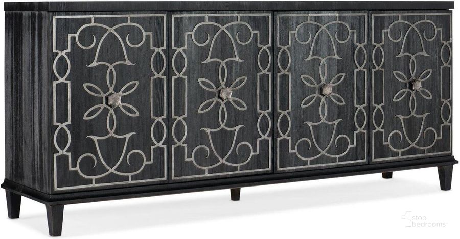 The appearance of Melange Madeline Four Door Credenza designed by Hooker in the transitional interior design. This black piece of furniture  was selected by 1StopBedrooms from Melange Collection to add a touch of cosiness and style into your home. Sku: 628-85104-99. Product Type: Credenza. Material: Wood Veneer. Image1