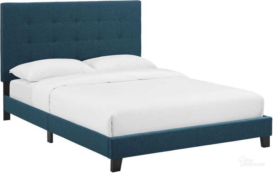 The appearance of Melanie Azure Twin Tufted Button Upholstered Fabric Platform Bed designed by Modway in the modern / contemporary interior design. This azure piece of furniture  was selected by 1StopBedrooms from Melanie Collection to add a touch of cosiness and style into your home. Sku: MOD-5877-AZU. Bed Type: Platform Bed. Product Type: Platform Bed. Bed Size: Twin. Material: Rubberwood. Image1