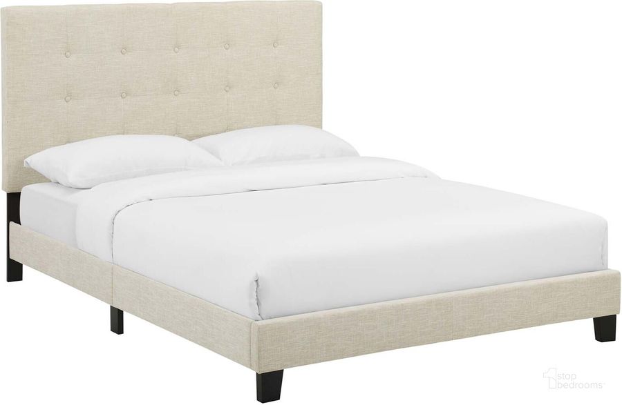 The appearance of Melanie Beige Full Tufted Button Upholstered Fabric Platform Bed designed by Modway in the modern / contemporary interior design. This beige piece of furniture  was selected by 1StopBedrooms from Melanie Collection to add a touch of cosiness and style into your home. Sku: MOD-5878-BEI. Bed Type: Platform Bed. Product Type: Platform Bed. Bed Size: Full. Material: Rubberwood. Image1