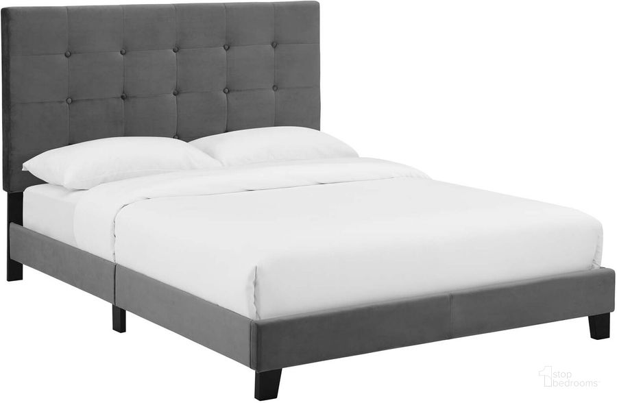 The appearance of Melanie Gray King Tufted Button Upholstered Performance Velvet Platform Bed designed by Modway in the modern / contemporary interior design. This gray piece of furniture  was selected by 1StopBedrooms from Melanie Collection to add a touch of cosiness and style into your home. Sku: MOD-5823-GRY. Bed Type: Platform Bed. Product Type: Platform Bed. Bed Size: King. Material: Rubberwood. Image1