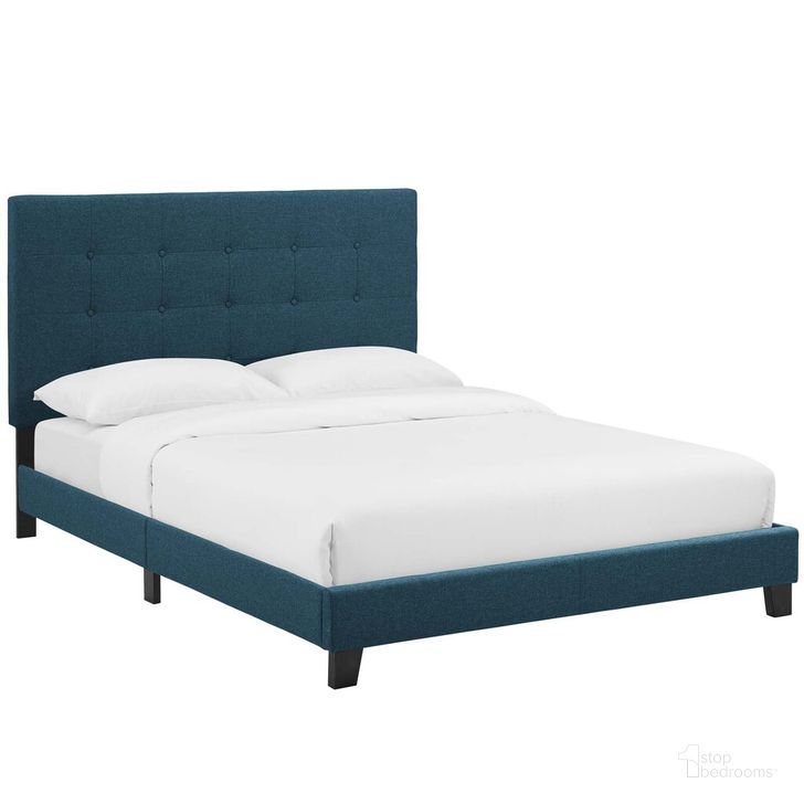 The appearance of Melanie King Tufted Button Upholstered Fabric Platform Bed In Azure designed by Modway in the modern / contemporary interior design. This azure piece of furniture  was selected by 1StopBedrooms from Melanie Collection to add a touch of cosiness and style into your home. Sku: MOD-5994-AZU. Bed Type: Platform Bed. Product Type: Platform Bed. Bed Size: King. Material: MDF. Image1