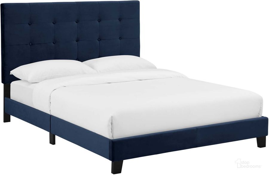 The appearance of Melanie Midnight Blue Queen Tufted Button Upholstered Performance Velvet Platform Bed designed by Modway in the modern / contemporary interior design. This midnight blue piece of furniture  was selected by 1StopBedrooms from Melanie Collection to add a touch of cosiness and style into your home. Sku: MOD-5822-MID. Bed Type: Platform Bed. Product Type: Platform Bed. Bed Size: Queen. Material: Rubberwood. Image1