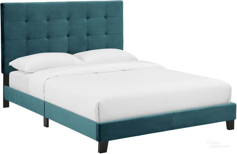 The appearance of Melanie Sea Blue Full Tufted Button Upholstered Performance Velvet Platform Bed designed by Modway in the modern / contemporary interior design. This sea blue piece of furniture  was selected by 1StopBedrooms from Melanie Collection to add a touch of cosiness and style into your home. Sku: MOD-5819-SEA. Bed Type: Platform Bed. Product Type: Platform Bed. Bed Size: Full. Material: Rubberwood. Image1