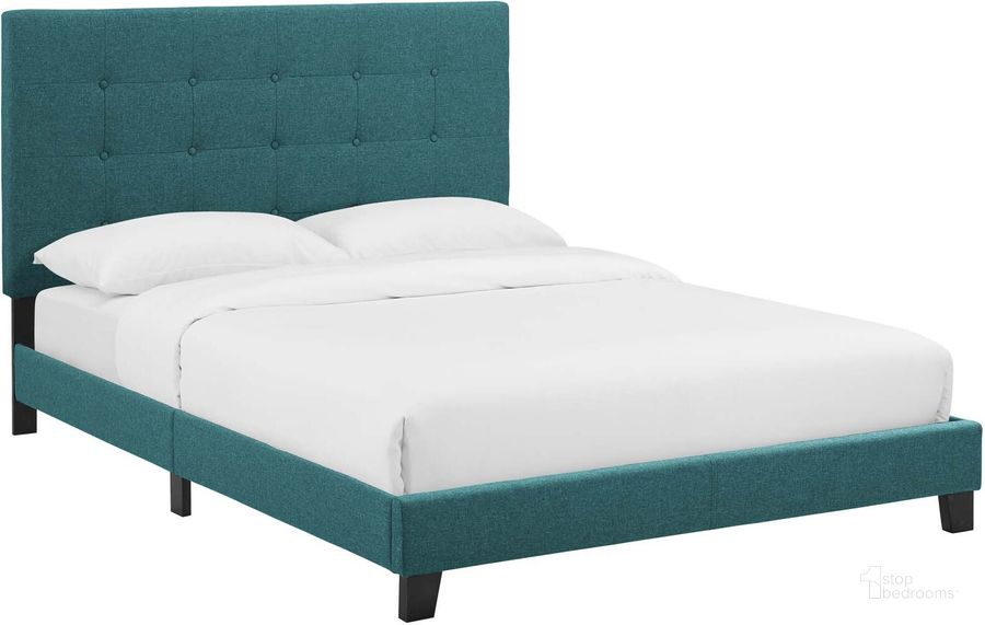 The appearance of Melanie Teal Queen Tufted Button Upholstered Fabric Platform Bed designed by Modway in the modern / contemporary interior design. This teal piece of furniture  was selected by 1StopBedrooms from Melanie Collection to add a touch of cosiness and style into your home. Sku: MOD-5879-TEA. Bed Type: Platform Bed. Product Type: Platform Bed. Bed Size: Queen. Material: Rubberwood. Image1