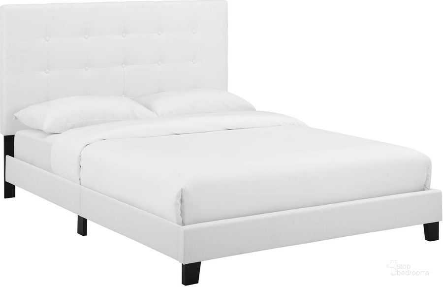 The appearance of Melanie White Twin Tufted Button Upholstered Fabric Platform Bed designed by Modway in the modern / contemporary interior design. This white piece of furniture  was selected by 1StopBedrooms from Melanie Collection to add a touch of cosiness and style into your home. Sku: MOD-5877-WHI. Bed Type: Platform Bed. Product Type: Platform Bed. Bed Size: Twin. Material: Rubberwood. Image1