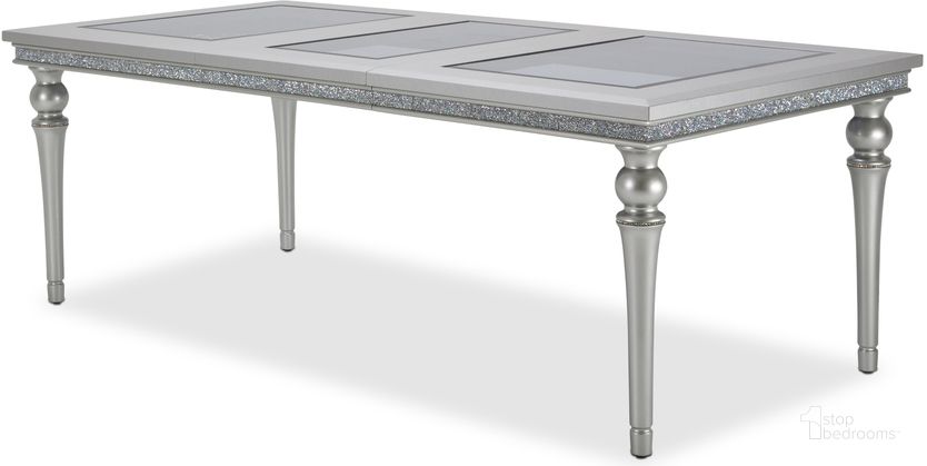 The appearance of Melrose Plaza Dove Dining Table designed by AICO in the transitional interior design. This gray piece of furniture  was selected by 1StopBedrooms from Melrose Plaza Collection to add a touch of cosiness and style into your home. Sku: 9019000T-118;9019000L-118. Table Base Style: Legs. Product Type: Dining Table. Table Top Shape: Rectangular. Size: 88". Image1