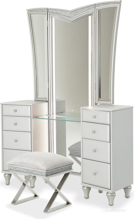 The appearance of Melrose Plaza Vanity With Bench And Mirror In Dove designed by AICO in the modern / contemporary interior design. This dove piece of furniture  was selected by 1StopBedrooms from Melrose Plaza Collection to add a touch of cosiness and style into your home. Sku: 9019058-118;9019068-118;9019804R-118. Material: Wood. Product Type: Vanity Set.