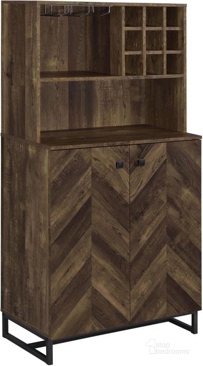 The appearance of Mendoza 2-Door Wine Cabinet In Rustic Oak Herringbone and Gunmetal designed by Coaster in the rustic / southwestern interior design. This rustic oak herringbone/gunmetal piece of furniture  was selected by 1StopBedrooms from Mendoza Collection to add a touch of cosiness and style into your home. Sku: 182082. Material: Wood. Product Type: Wine Cabinet. Image1