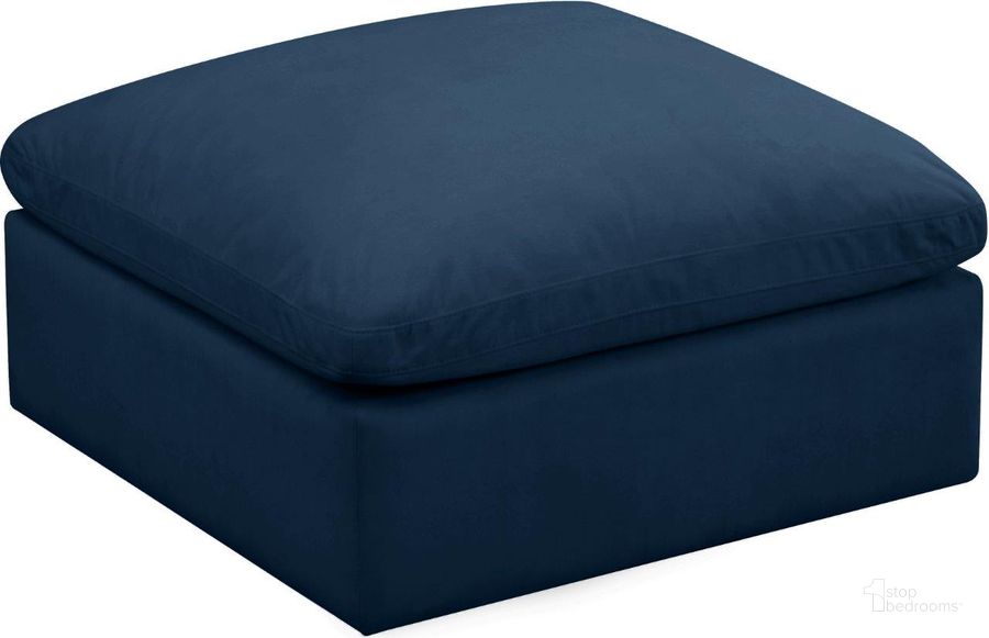 The appearance of Meota Navy Velvet Ottoman designed by Furnique in the modern / contemporary interior design. This navy piece of furniture  was selected by 1StopBedrooms from Meota Collection to add a touch of cosiness and style into your home. Sku: 602Navy-Ott. Product Type: Ottoman. Material: Velvet. Image1