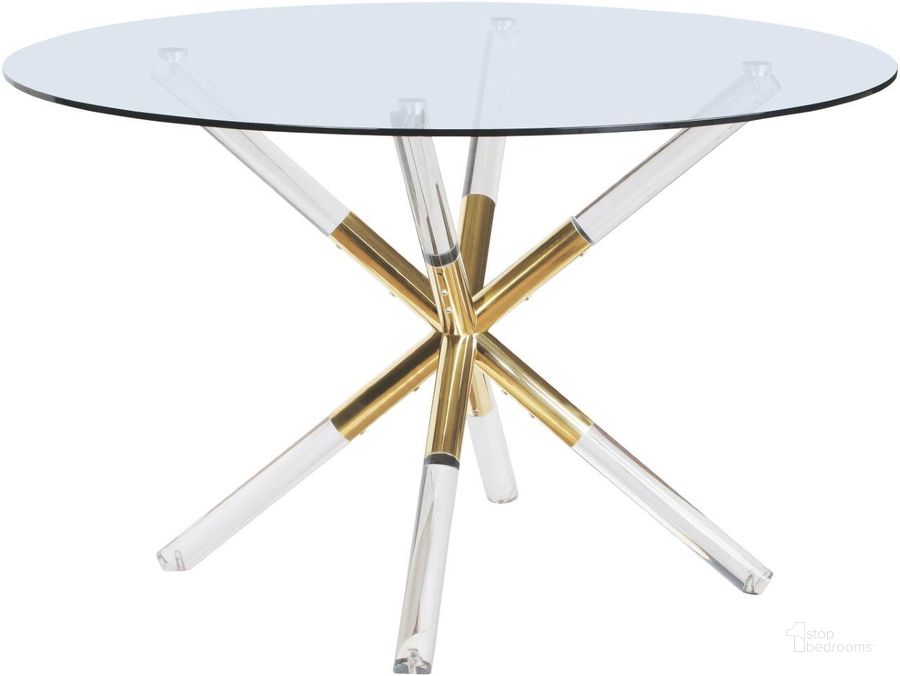 The appearance of Mercury Acrylic/Gold Dining Table designed by Meridian in the modern / contemporary interior design. This gold piece of furniture  was selected by 1StopBedrooms from Mercury Collection to add a touch of cosiness and style into your home. Sku: 916-T-1;916-T-2. Table Base Style: Trestle. Table Top Shape: Round. Product Type: Dining Table. Image1