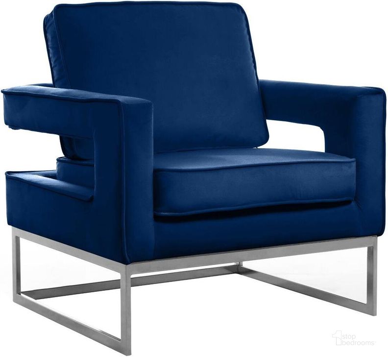 The appearance of Meridian 510Navy Noah Series Armchair Velvet Wood and Metal Frame Accent Chair designed by Meridian in the modern / contemporary interior design. This navy velvet piece of furniture  was selected by 1StopBedrooms from Noah Collection to add a touch of cosiness and style into your home. Sku: 510Navy. Material: Wood. Product Type: Accent Chair. Image1