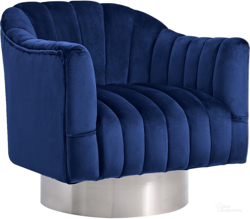 The appearance of Meridian 519Navy Farrah Series Armchair Velvet Accent Chair designed by Meridian in the modern / contemporary interior design. This navy velvet piece of furniture  was selected by 1StopBedrooms from Farrah Collection to add a touch of cosiness and style into your home. Sku: 519Navy. Product Type: Accent Chair. Material: Velvet. Image1
