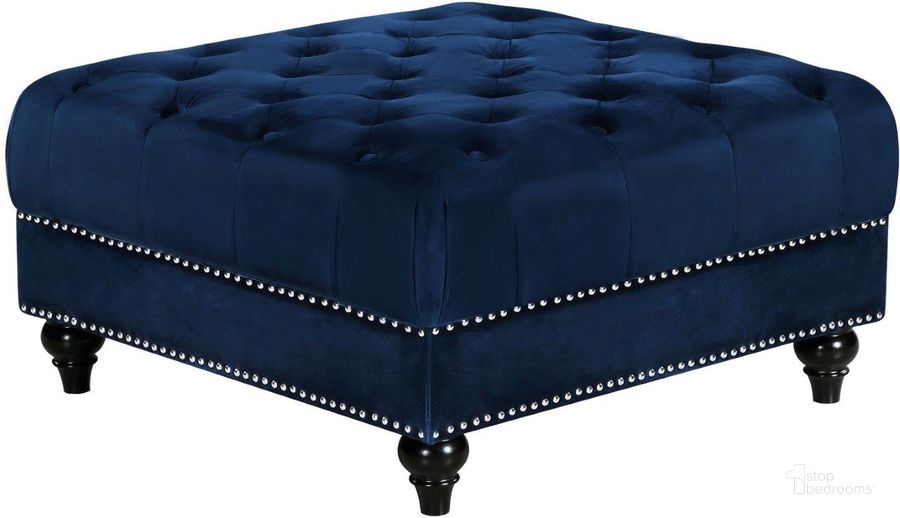The appearance of Meridian 667NavyOtt Sabrina Series Contemporary Velvet Wood Frame Ottoman designed by Meridian in the modern / contemporary interior design. This navy velvet piece of furniture  was selected by 1StopBedrooms from Sabrina Collection to add a touch of cosiness and style into your home. Sku: 667Navy-Ott. Material: Wood. Product Type: Ottoman. Image1