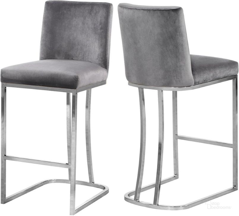 The appearance of Meridian 708GREYC Heidi Series Residential Velvet Upholstered Bar Stool designed by Meridian in the modern / contemporary interior design. This grey velvet piece of furniture  was selected by 1StopBedrooms from Heidi Collection to add a touch of cosiness and style into your home. Sku: 708Grey-C. Material: Metal. Product Type: Barstool. Image1