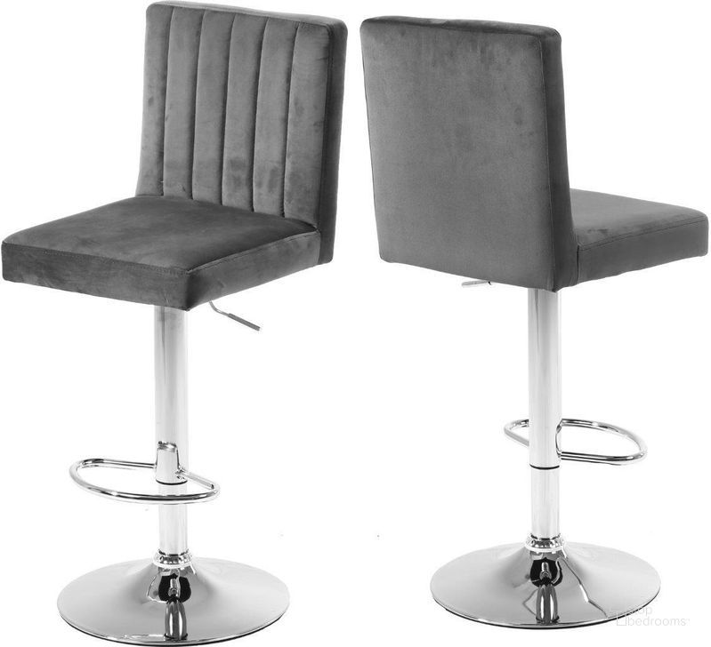 The appearance of Meridian 710GREY Joel Series Residential Velvet Upholstered Bar Stool Set of 2 designed by Meridian in the modern / contemporary interior design. This grey velvet piece of furniture  was selected by 1StopBedrooms from Joel Collection to add a touch of cosiness and style into your home. Sku: 710GREY. Material: Metal. Product Type: Barstool. Image1