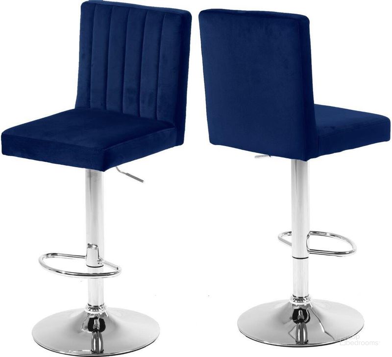 The appearance of Meridian 710NAVY Joel Series Residential Velvet Upholstered Bar Stool Set of 2 designed by Meridian in the modern / contemporary interior design. This navy velvet piece of furniture  was selected by 1StopBedrooms from Joel Collection to add a touch of cosiness and style into your home. Sku: 710NAVY. Material: Metal. Product Type: Barstool. Image1