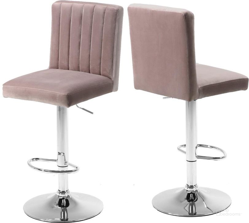 The appearance of Meridian 710PINK Joel Series Residential Velvet Upholstered Bar Stool Set of 2 designed by Meridian in the modern / contemporary interior design. This pink velvet piece of furniture  was selected by 1StopBedrooms from Joel Collection to add a touch of cosiness and style into your home. Sku: 710PINK. Material: Metal. Product Type: Barstool. Image1