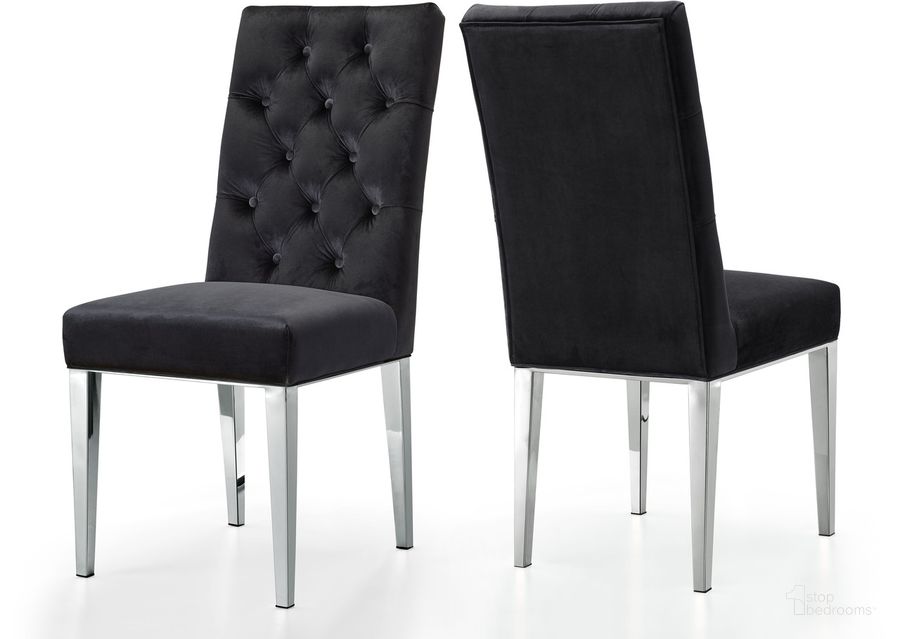 The appearance of Meridian 732BlackC Juno Series Contemporary Velvet Metal Frame Dining Room Chair Set of 2 designed by Meridian in the modern / contemporary interior design. This black piece of furniture  was selected by 1StopBedrooms from Juno Collection to add a touch of cosiness and style into your home. Sku: 732Black-C. Material: Metal. Product Type: Dining Chair. Image1
