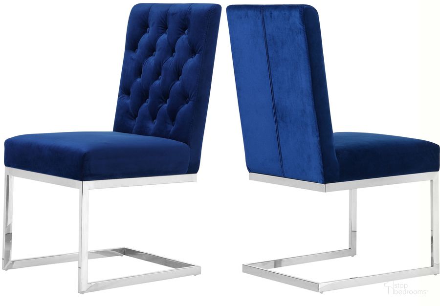 The appearance of Meridian Carlton Series Contemporary Velvet Metal Frame Dining Room Chair Set of 2 designed by Meridian in the modern / contemporary interior design. This navy velvet piece of furniture  was selected by 1StopBedrooms from Carlton Collection to add a touch of cosiness and style into your home. Sku: 735Navy-C. Material: Metal. Product Type: Dining Chair. Image1