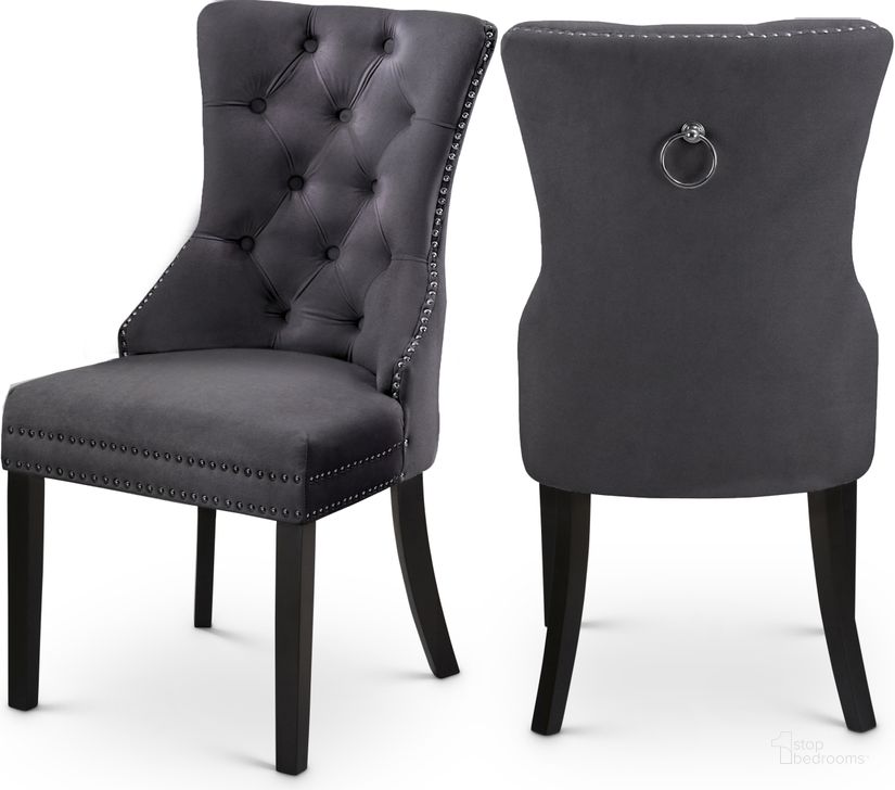The appearance of Meridian 740GreyC Nikki Series Contemporary Fabric Wood Frame Dining Room Chair Set of 2 designed by Meridian in the modern / contemporary interior design. This grey velvet piece of furniture  was selected by 1StopBedrooms from Nikki Collection to add a touch of cosiness and style into your home. Sku: 740Grey-C. Material: Wood. Product Type: Dining Chair. Image1