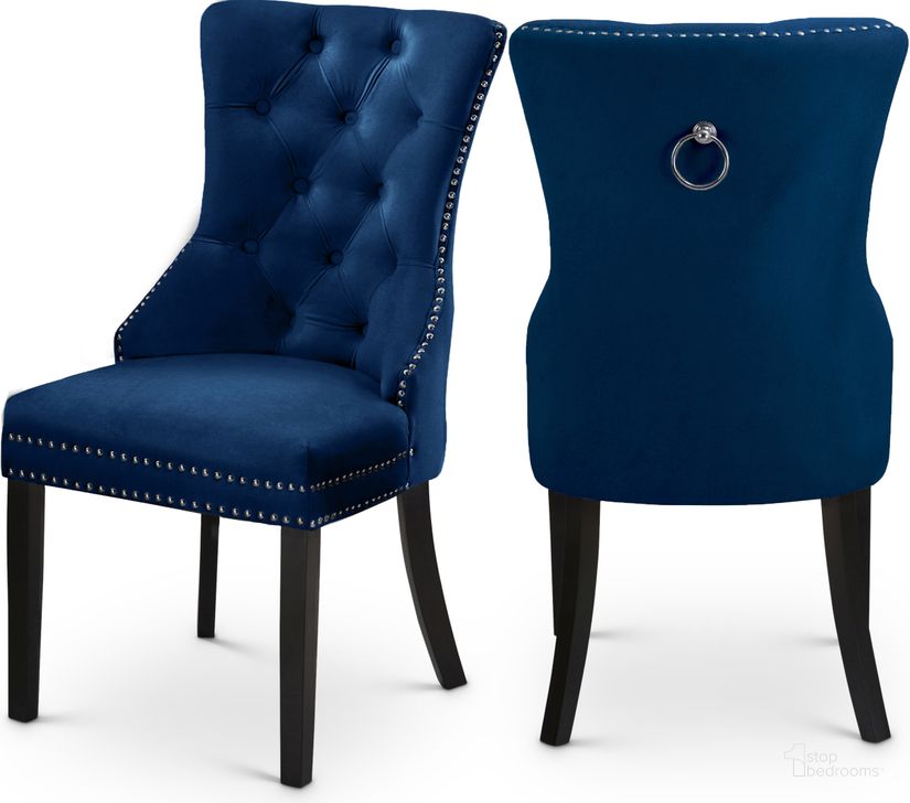 The appearance of Meridian 740NavyC Nikki Series Contemporary Fabric Wood Frame Dining Room Chair Set of 2 designed by Meridian in the modern / contemporary interior design. This navy velvet piece of furniture  was selected by 1StopBedrooms from Nikki Collection to add a touch of cosiness and style into your home. Sku: 740Navy-C. Material: Wood. Product Type: Dining Chair. Image1