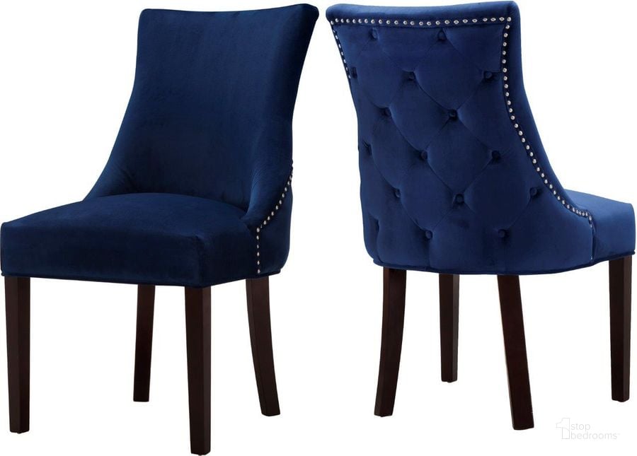 The appearance of Meridian 774NavyC Hannah Series Contemporary Velvet Wood Frame Dining Room Chair Set of 2 designed by Meridian in the modern / contemporary interior design. This navy velvet piece of furniture  was selected by 1StopBedrooms from Hannah Collection to add a touch of cosiness and style into your home. Sku: 774Navy-C. Material: Wood. Product Type: Dining Chair. Image1