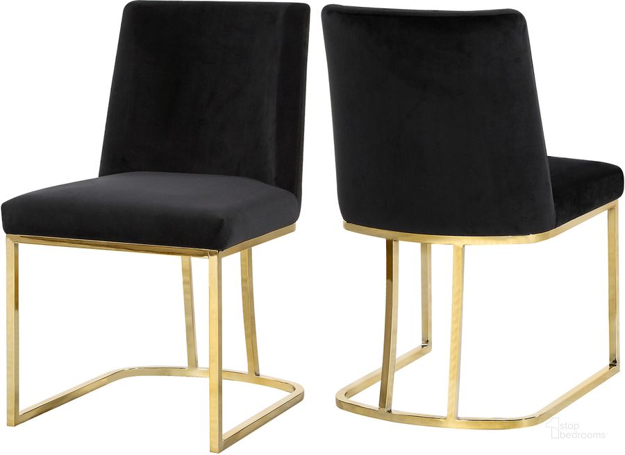 The appearance of Meridian 776BlackC Heidi Series Contemporary Velvet Metal Frame Dining Room Chair Set of 2 designed by Meridian in the modern / contemporary interior design. This black velvet piece of furniture  was selected by 1StopBedrooms from Heidi Collection to add a touch of cosiness and style into your home. Sku: 776Black-C. Material: Metal. Product Type: Dining Chair. Image1