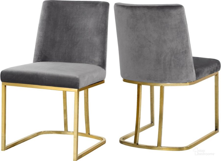 The appearance of Meridian 776GreyC Heidi Series Contemporary Velvet Metal Frame Dining Room Chair Set of 2 designed by Meridian in the modern / contemporary interior design. This grey velvet piece of furniture  was selected by 1StopBedrooms from Heidi Collection to add a touch of cosiness and style into your home. Sku: 776Grey-C. Material: Metal. Product Type: Dining Chair. Image1