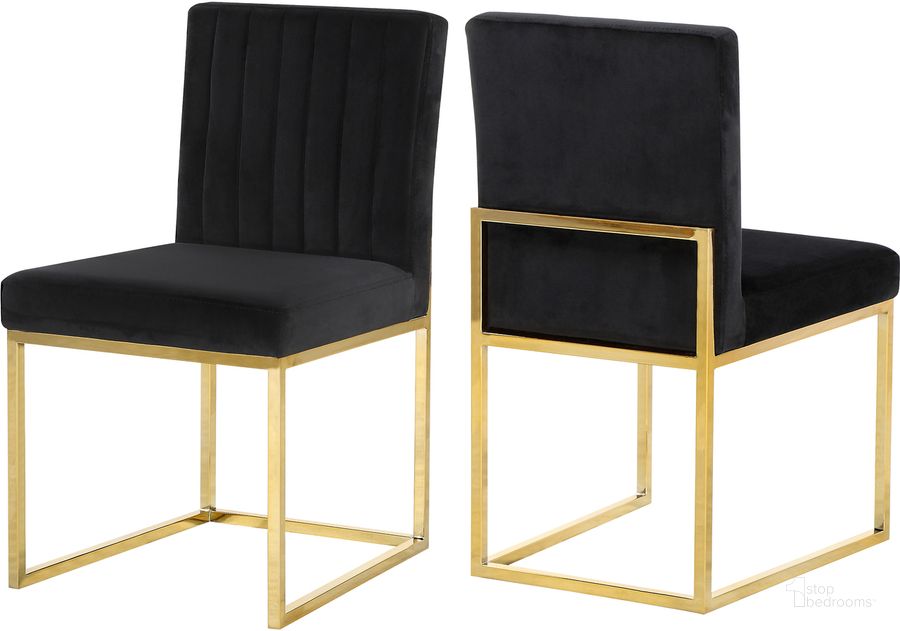 The appearance of Meridian 778BlackC Giselle Series Contemporary Velvet Metal Frame Dining Room Chair Set of 2 designed by Meridian in the modern / contemporary interior design. This black velvet piece of furniture  was selected by 1StopBedrooms from Giselle Collection to add a touch of cosiness and style into your home. Sku: 778Black-C. Material: Metal. Product Type: Dining Chair. Image1